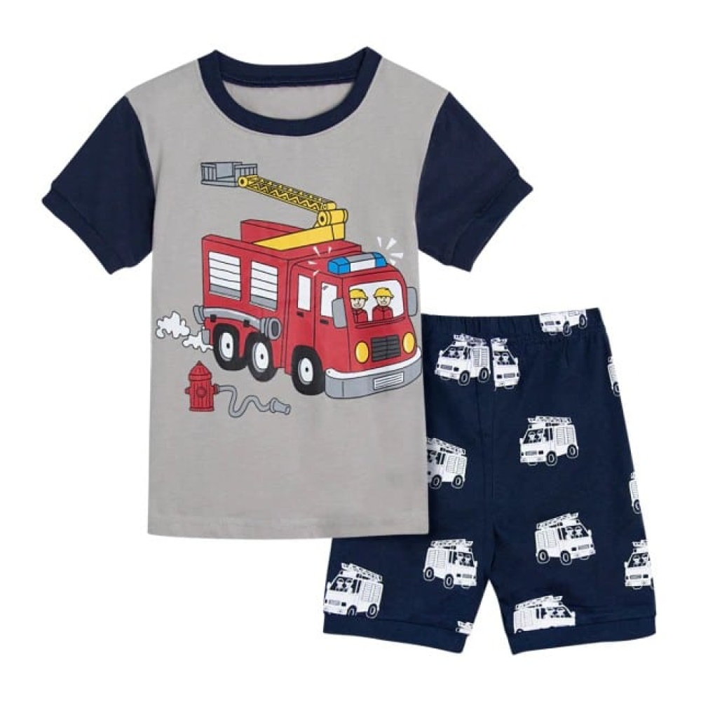 Pyjamas t-shirt polo och shorts grå och blå med brandbilsmönster