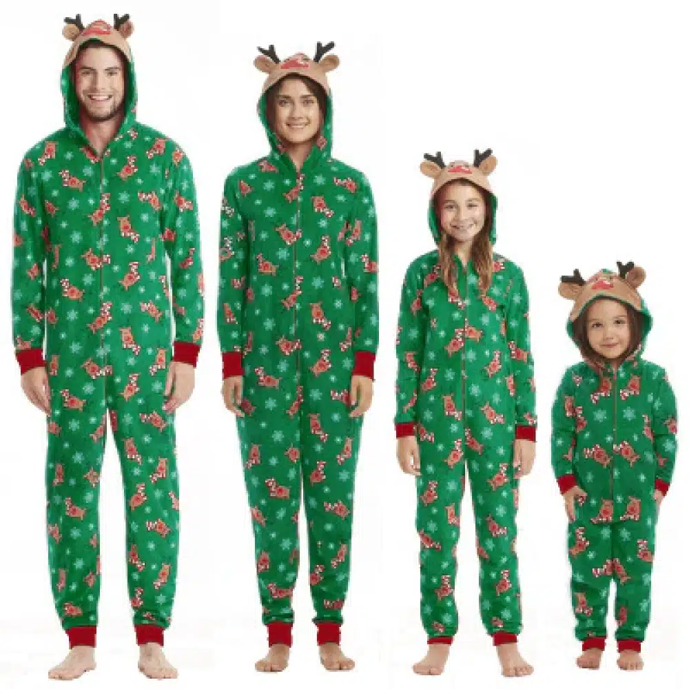 Pyjamadräkt med huva och ren för familjen combinaison pyjama de noel a capuche renne pour la famille vert 11t
