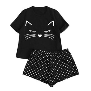 Pyjamaset i nylon med svart katttryck för fashionabla kvinnor