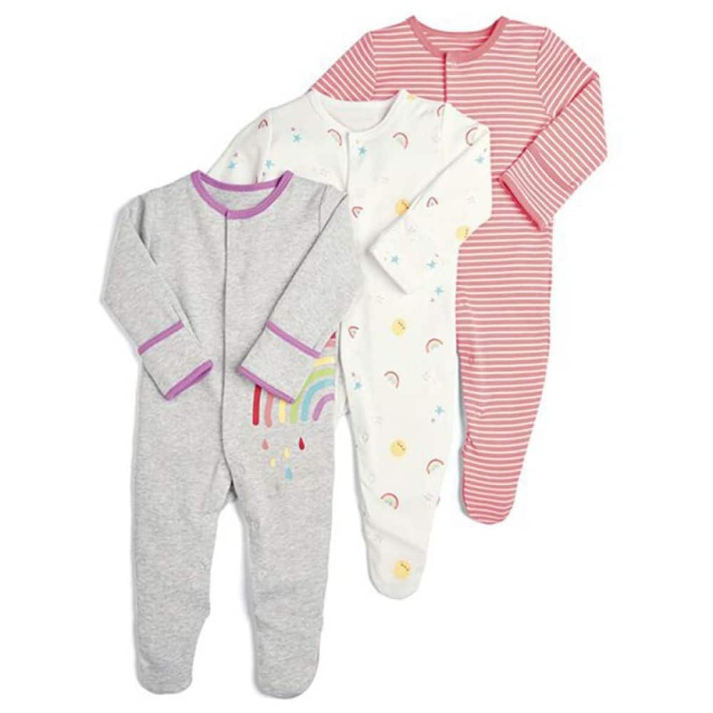 3-delad regnbåge och ränder baby pyjamas med vit bakgrund