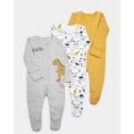 3-delad baby pyjamasdräkt med dinosauriemönster och grå bakgrund