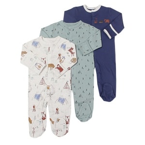 3-delad baby pyjamasdräkt med tecknat mönster och vit bakgrund