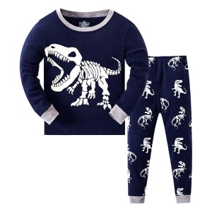 Tvådelad pyjamas med dinosauriemönster för liten pojke blå och grå med vit bakgrund
